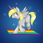 Grey fluffy unicorn dancing on rainbows