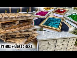 Chest of drawers made of pallets and colored glass blocks